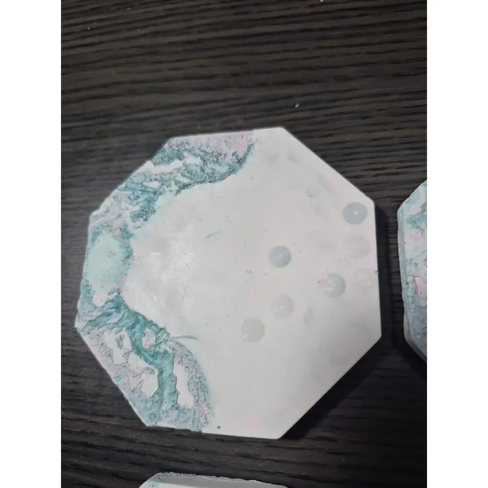 4 Teal/Pink White Marbled Eco Resin Stone Look Hexagon Coasters 4” Handmade
